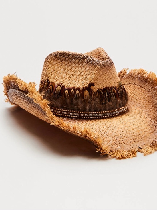 Accessories - Straw Cowboy Hat with Feather Trim - Tan